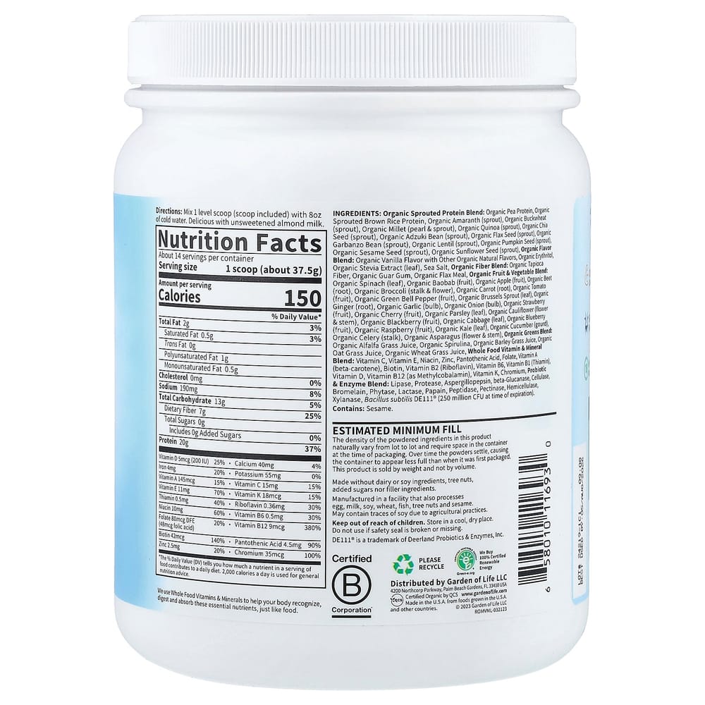 Garden of Life Raw Meal Replacement Shake Vanilla 525g (1lb 2.52oz)
