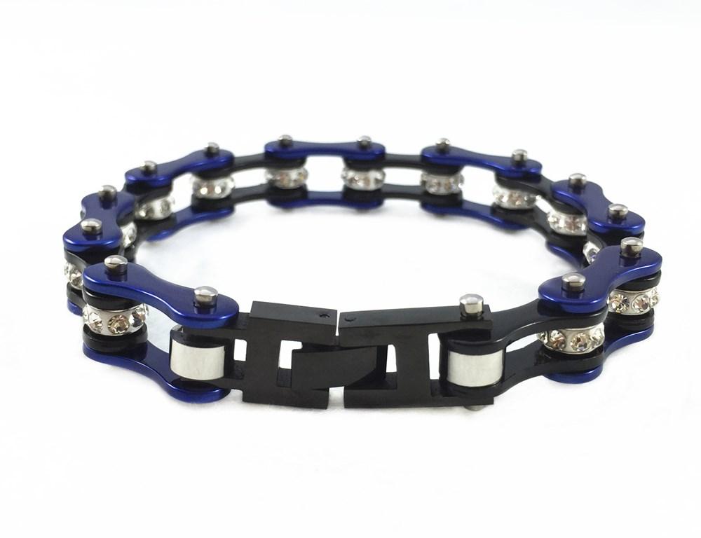 Motorcycle Chain Ladies Bling Bracelet Blue & Black Color Link Chain 316 Stainless Steel Bicycle Biker Bracelet