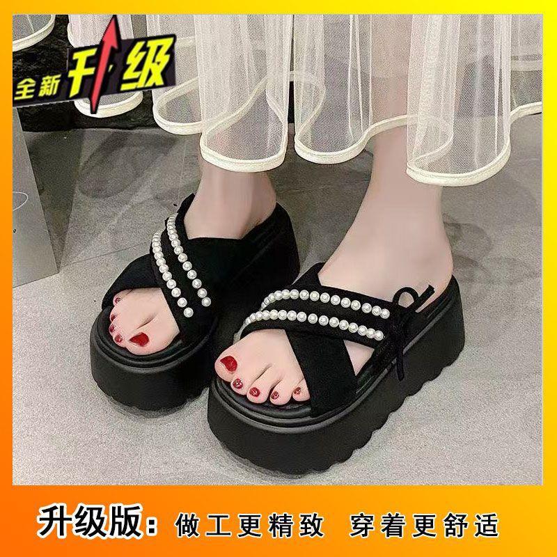 Перламутровый бант крест 2025 лето новые сандалии тапочки на высокой платформе женская верхняя одежда с юбкой односложные сандалии