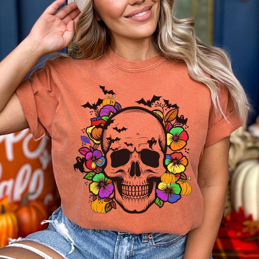 Comfort Colors®LGBTQ Halloween Skull Shirt, Rainbow Floral Skull Tee, Queer Summerween Shirt, Pride Goth Shirt, Spooky Cute LGBTQ T-shirt