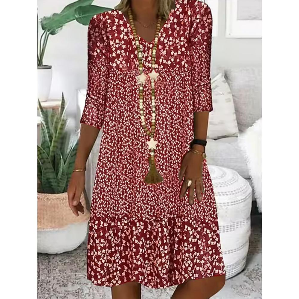 Women's Summer Midi Dress V Neck Half Sleeve Knee-Length Dresses Casual Floral Print Boho Dress