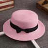 Beach Straw Hat Flat Top Wide Brim Sun Protection Hat with Black Ribbon Bow Hand-Woven Breathable