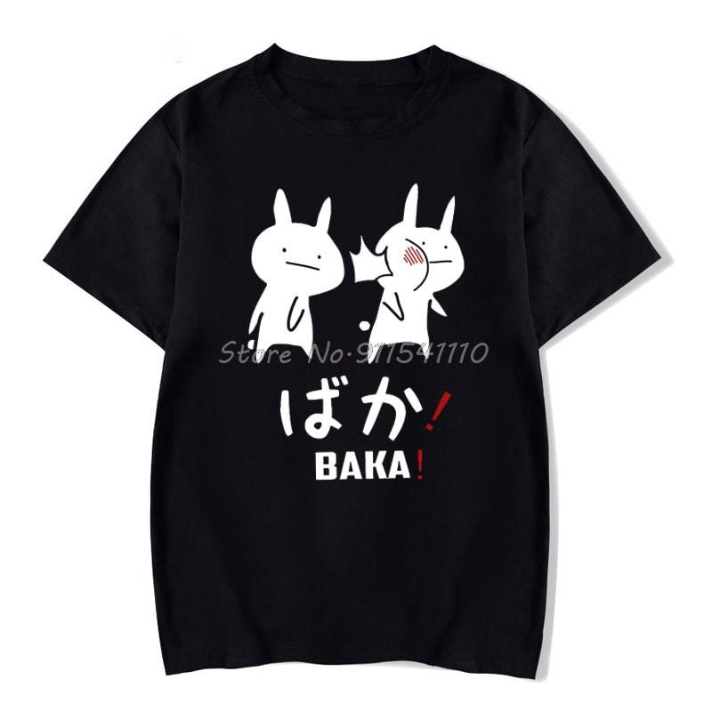 Футболка Baka Rabbit, летняя женская черная футболка, уличная одежда Harajuku, мужская одежда, хлопковая футболка в стиле аниме, футболки для пар, мужские