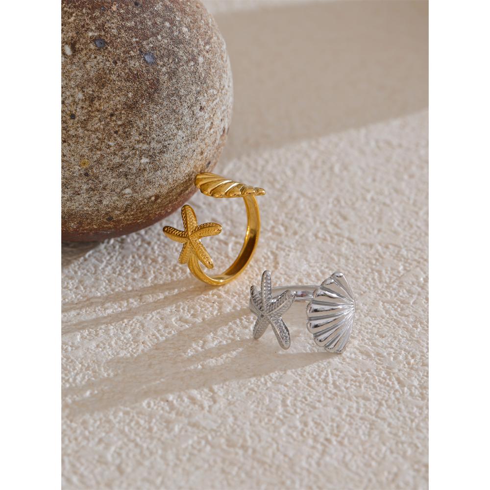 Yhpup Ocean Style Stainless Steel Metal Shell Starfish Adjustable Summer Ring for Women Beach Charm Finger Jewelry High Quality