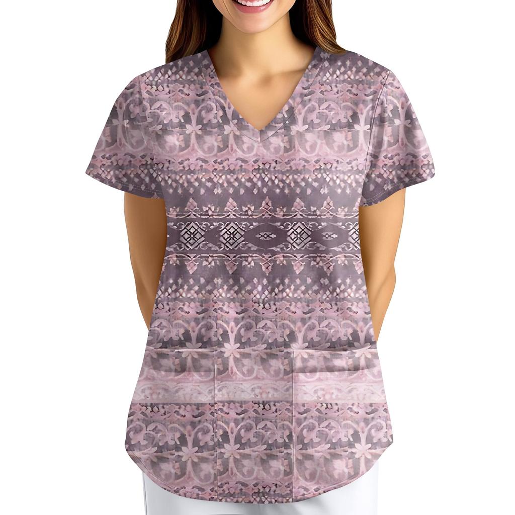 Большой размер Принтованный скраб Рабочая униформа Топы для женских V-образный вырез с запахом Принт Короткий рукав Веселые футболки Рабочая одежда Футболка с карманами