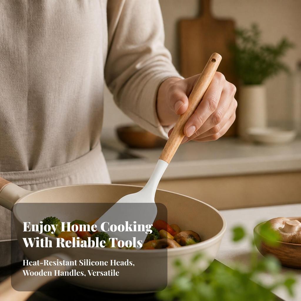 Силиконовая лопатка с ручкой из бука, термостойкая, не царапающая