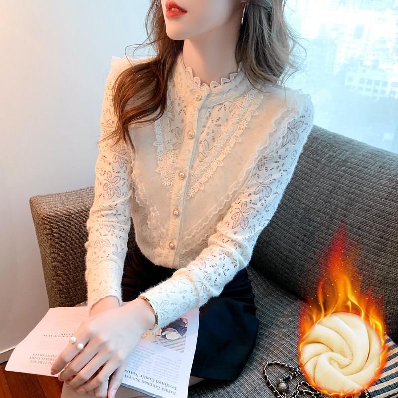 Elegant Long Sleeve Lace Bottoming Fleece Shirt with Half Turtle Neck for Women Thickened and Warm for Winter