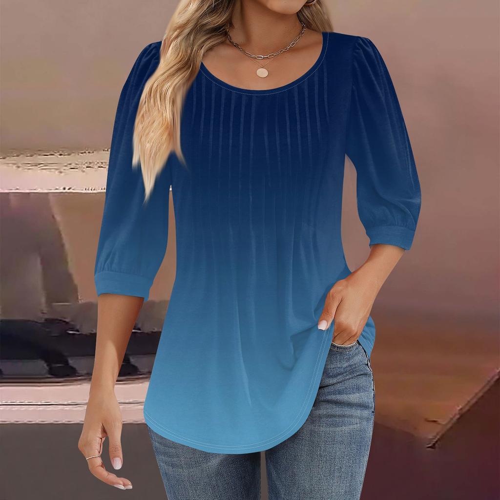 Женские туники с пышными рукавами 3/4, топы, плиссированные блузки с воротником, повседневные свободные весенне-летние футболки