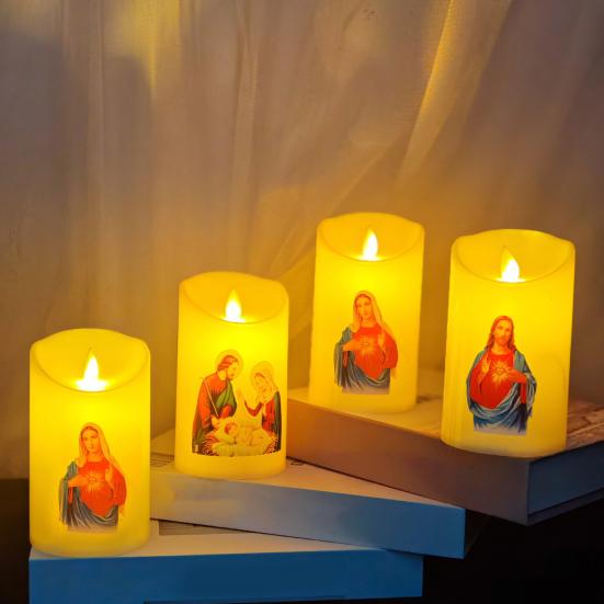 Светодиодные рождественские свечи, беспламенные мерцающие молитвенные лампадки, светильники с дизайном религиозных фигур для домашнего алтаря, церковного декора