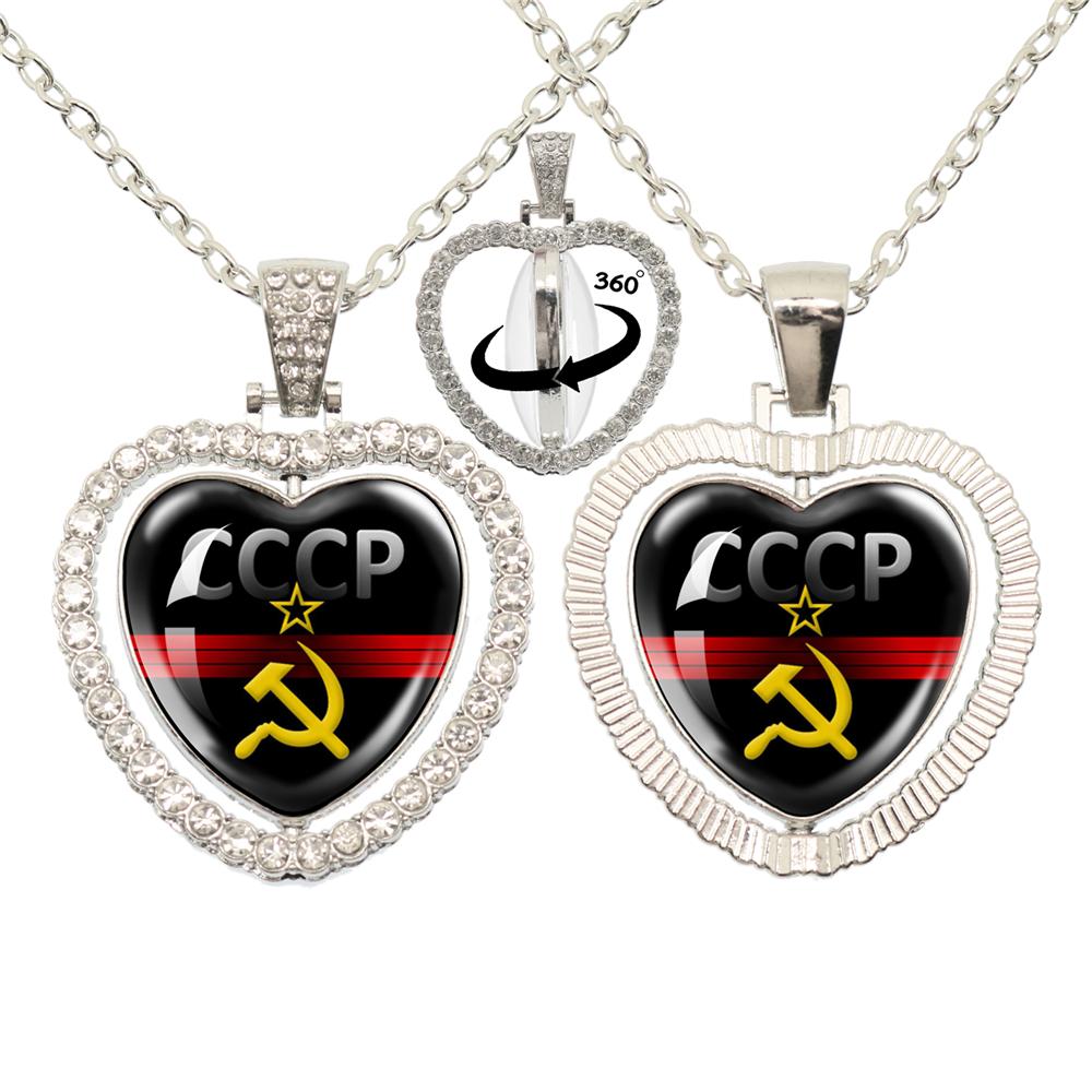 Vintage Ussr Soviet Badges Sickle Hammer Heart shaped Pendant Necklace Cccp Fashion 360 Degree Rotary Rhinestone Jewelry