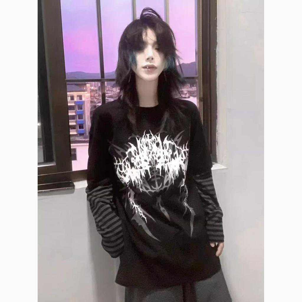 Поддельные футболки из двух частей в полоску в стиле пэчворк Y2k, эстетика, повседневная свободная футболка с принтом в стиле Харадзюку, готическая уличная женская футболка в стиле гранж