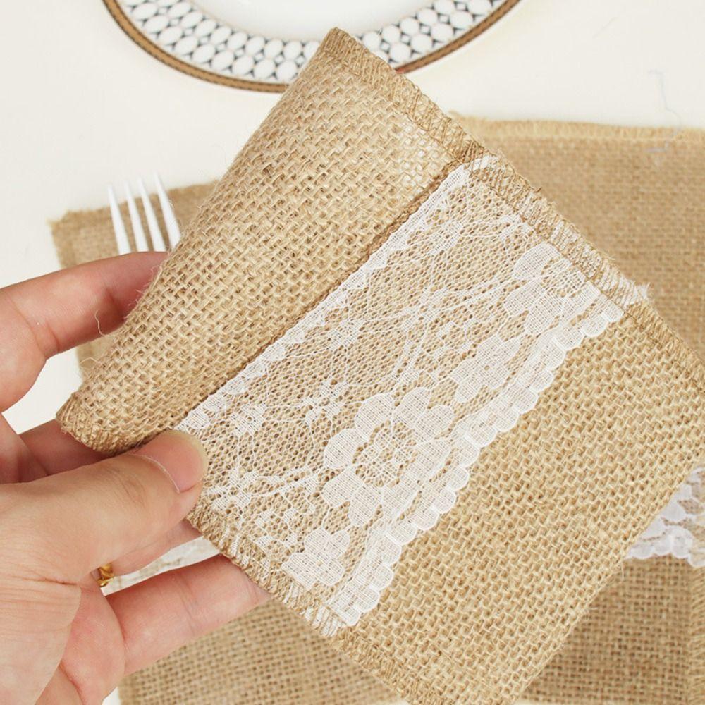 Lace Flowers Burlap Lace Cutlery Pouch Table Decoration Accessories  For Wedding Party Supplies