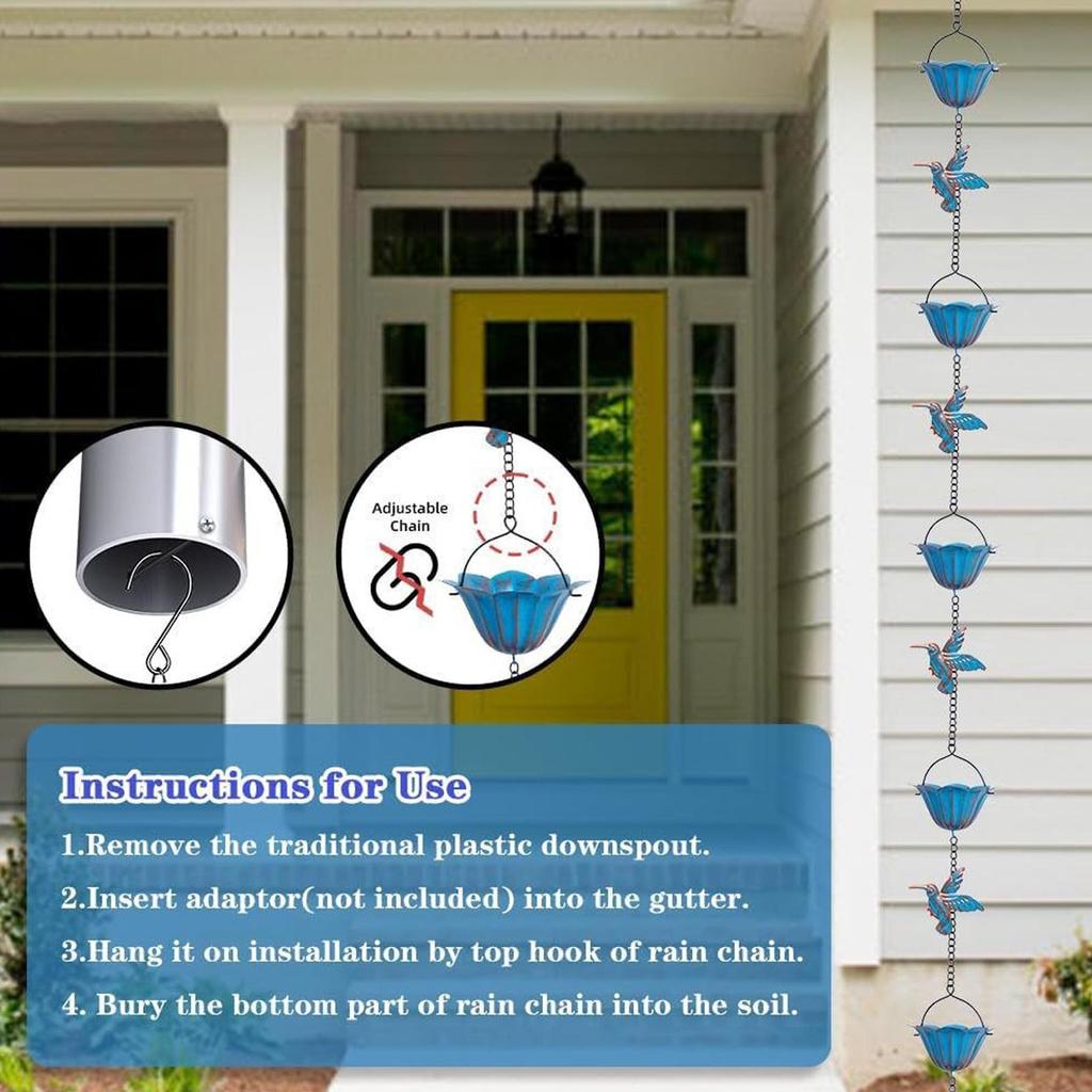 Rain Chains For Outside 7.87ft Hummingbird Ornament With 7 Cups Rain Catcher Chain For Home Garage Eave Backyard Outdoor Park