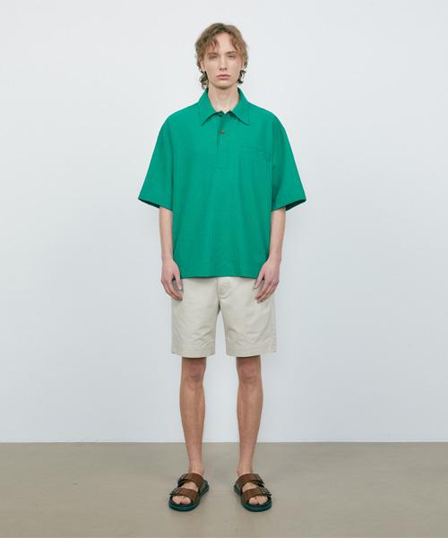 VTWO Linen Oversized Polo Half Shirt_Green