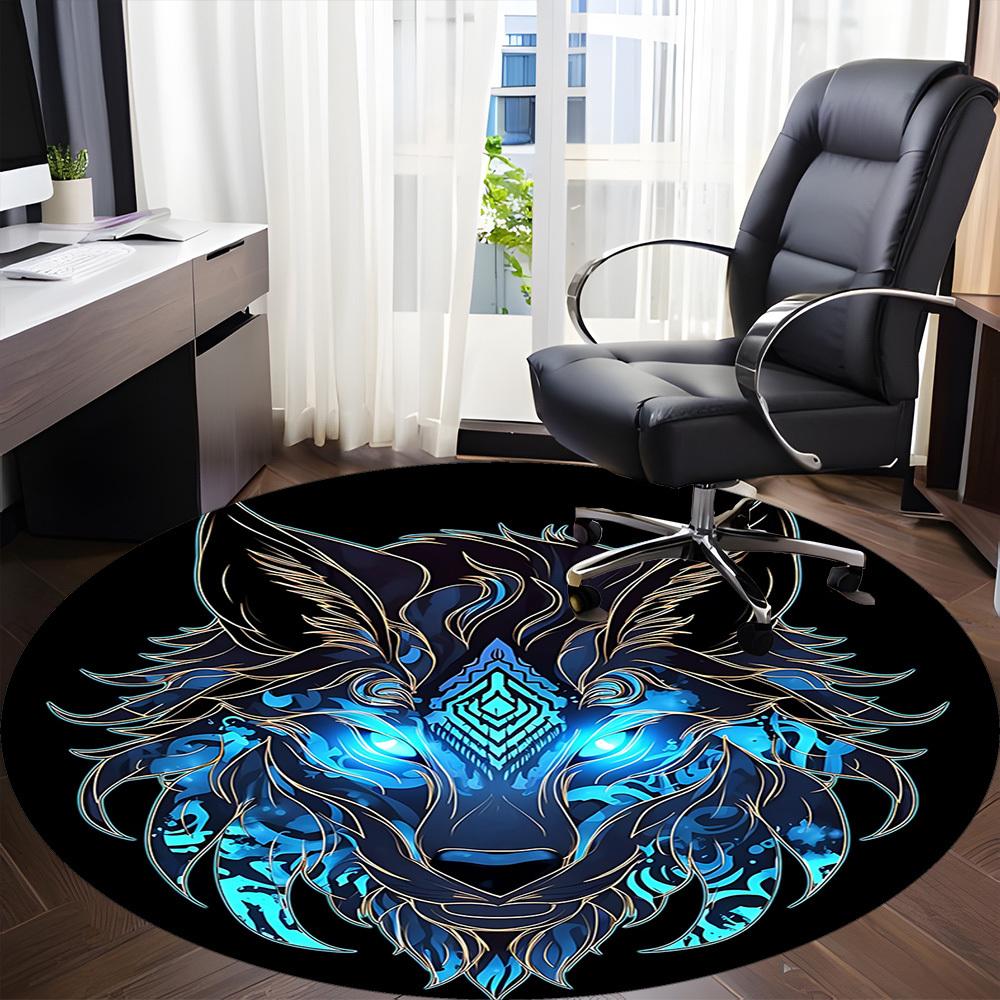 1pc Wolf Head Chair Carpet for Office, Round Non-Slip Durable Large Size Office Carpet, Suitable for Office, Beautiful Decoration