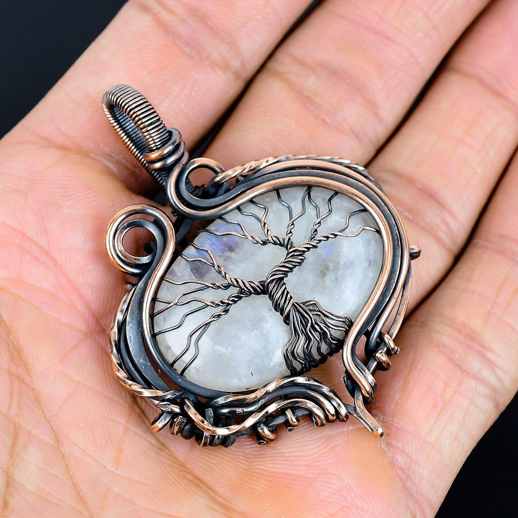 Подвеска из радужного лунного камня, ювелирное изделие из драгоценного камня, подвеска, обернутая медной проволокой 999 пробы, красивая подвеска ручной работы