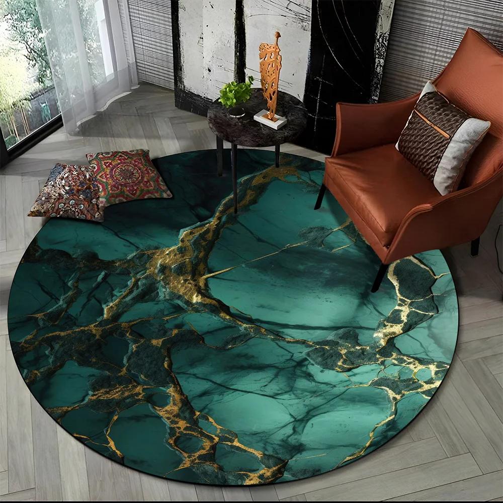 3D Luxurious Colour Marble Blue Green Gold Round Carpet Rug for Living Room Bedroom Child Chair Decor,Pet Area Rug Non-slip Mat