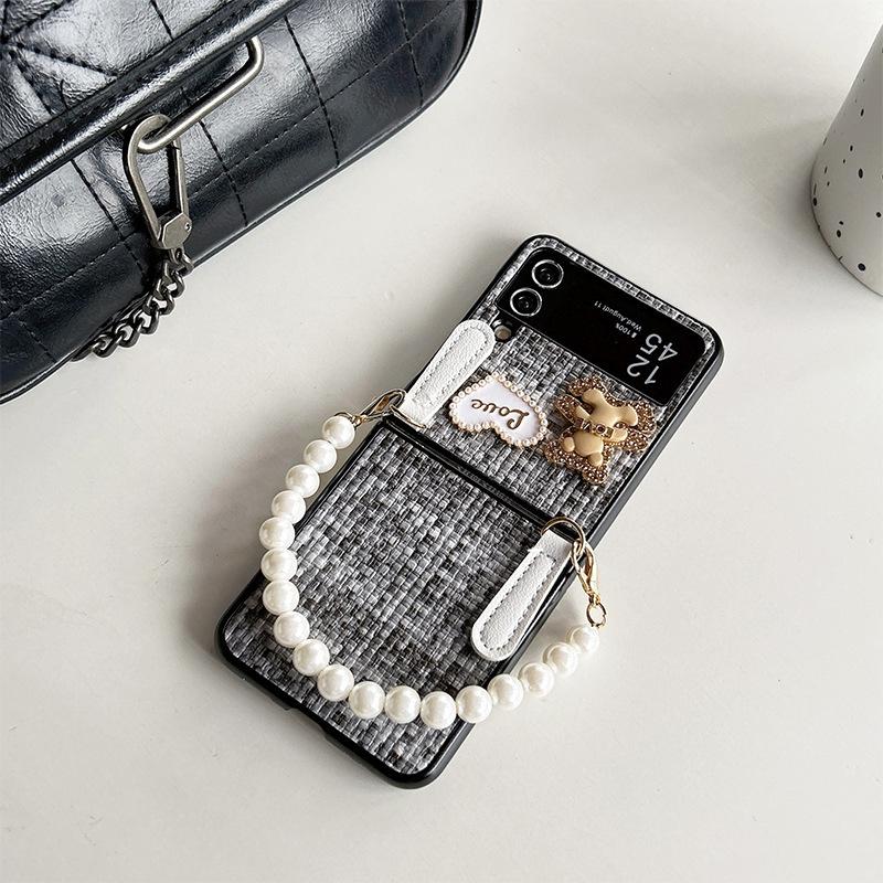 Bear Mobile Phone Case Flip Foldable Mobile Phone Case for Samsung Zflip4 Pearl Hand Chain 5 Heart Xflip