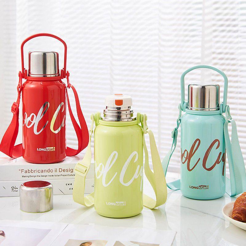 Large-Capacity Thermos Cup for Boys, Stainless Steel Tea Cup for Girls and Children, Outdoor Student Sports Water Bottle with Strap