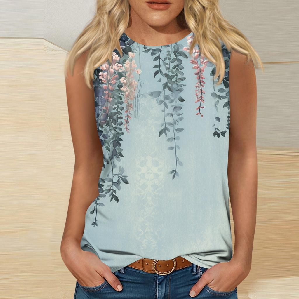 Women's Fashion Summer Round Neck Tank Top Lightweight Sleeveless Print Tank Top