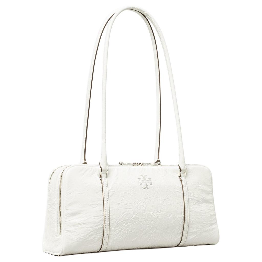 Tory Burch Marshmallow Embossed Metallic Double T Ruched Leather Tote Shoulder Bag Small Women Bags White 163622-100