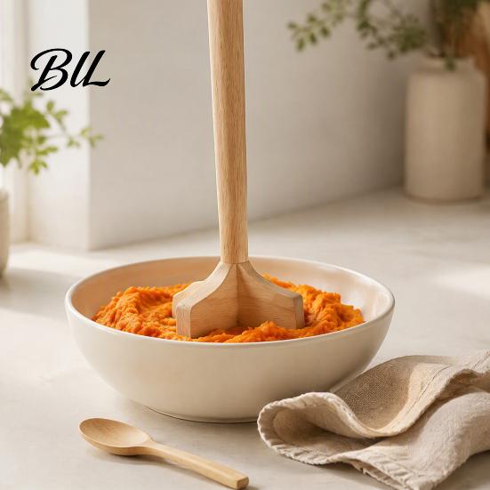 Natural Solid Wood Tool Potato Masher, Ergonomic Comfortable Grip Manual Beef Chopper Kitchen Utensil for Mashing Tool, Non-Toxic Durable Cooking And