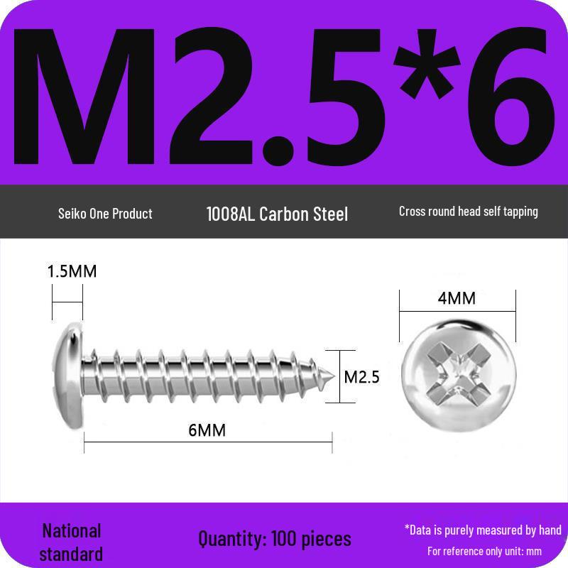 Galvanized Self-Tapping Screws, Round Head, White Zinc, PA Cross Pan, Pointed Tail M1.2-M4