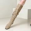 Fashion Middle Heel Women's Long Boots Khaki Square Toe Ladies Knee High Shaft Shoes Fur New Rock Quality Comfortable and Elegant Pu In