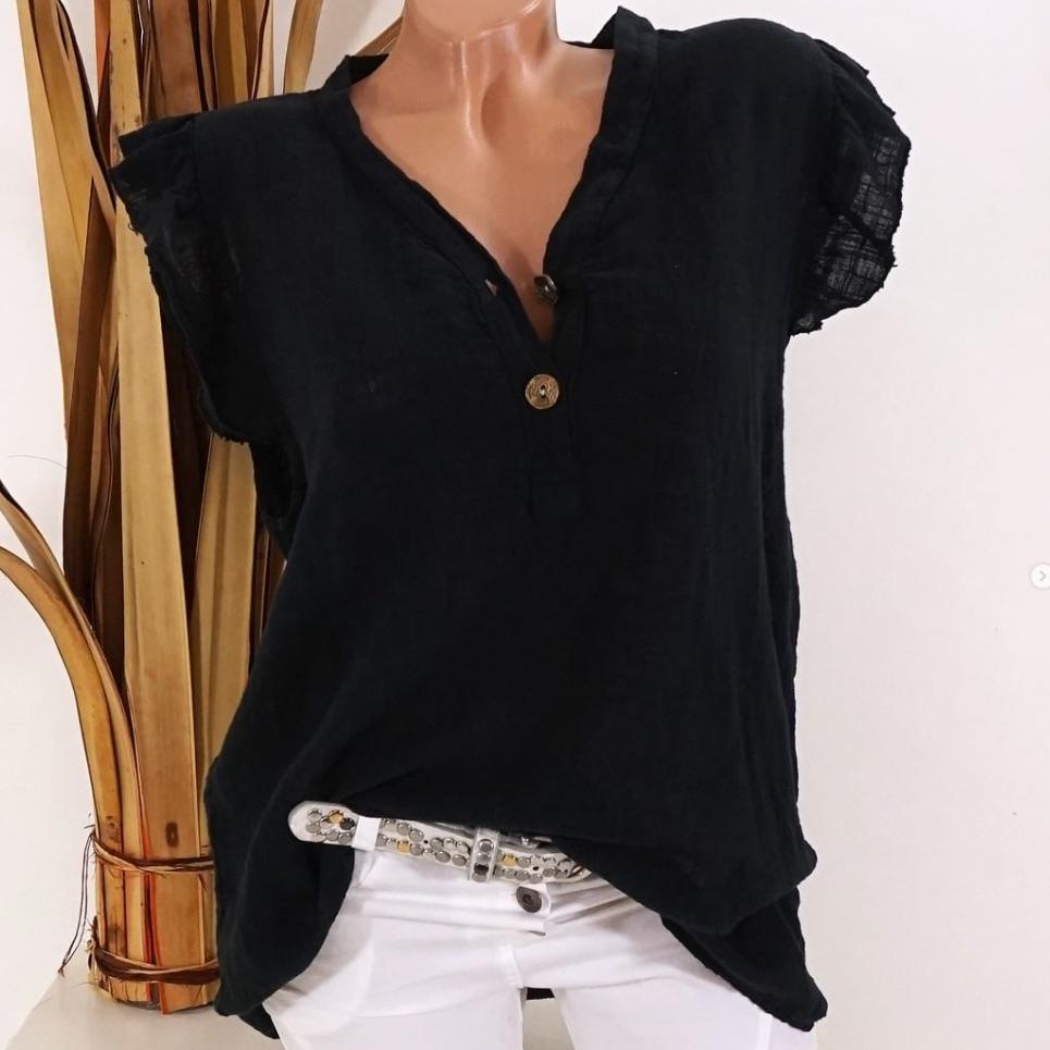 Дышащий топ на пуговицах с V-образным вырезом, большой размер, однотонная хлопковая льняная блузка, женская свободная рубашка