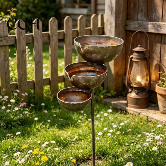 Frost Resistant Garden Stake Metal Bird Bath Rustic Vintage Rain Catcher with 3-Tiered Balcony And Feeder Bowls Outdoor Bee Watering Station