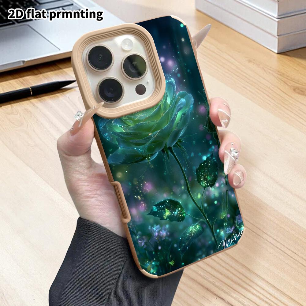 Phone Case: 2D flat lambskin suitable for iPhone 18 17 16 15 14 13Pro film protective case, fluorescent green rose, Christmas and Halloween gift