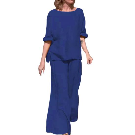 2Pcs/Set Women Casual Outfit O-neck Long Sleeve Tops Elastic Waist Wide Leg Long Pants Set Solid Color Loungewear