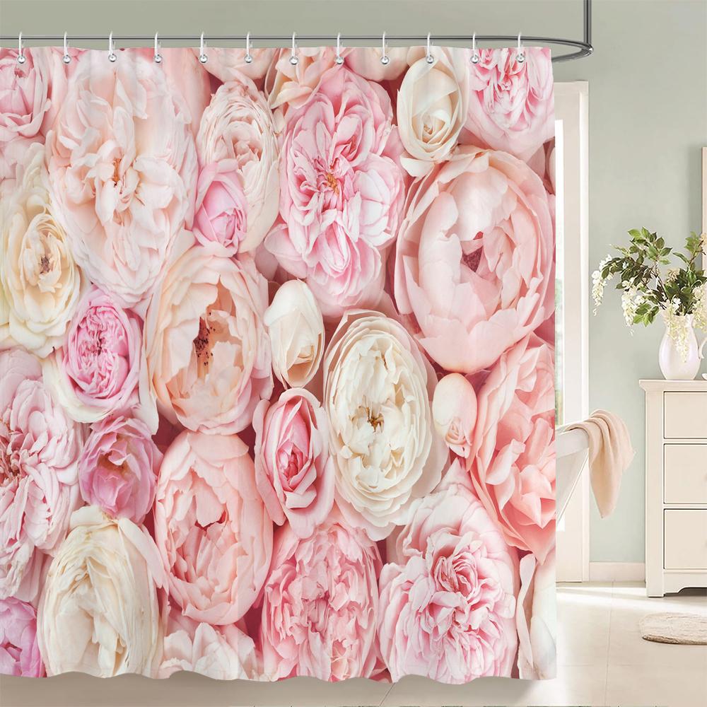 1Pcs Pink flower printing waterproof shower curtain, Rose flowers wall bathroom decorative curtain with plastic hooks