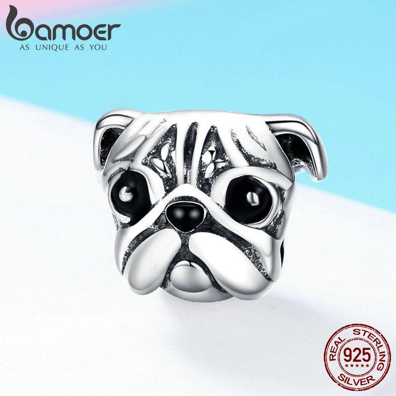 BAMOER 100% стерлингового серебра 925 пробы милые животные Мопс голова собаки подвесные бусины подходят для женщин браслеты-подвески