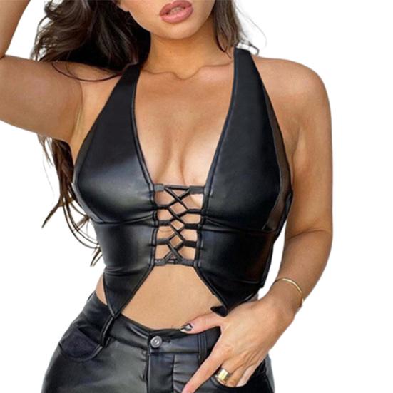 Женский жилет с лямкой на шее, сексуальный кардиган на шнуровке, тонкая блузка из искусственной кожи