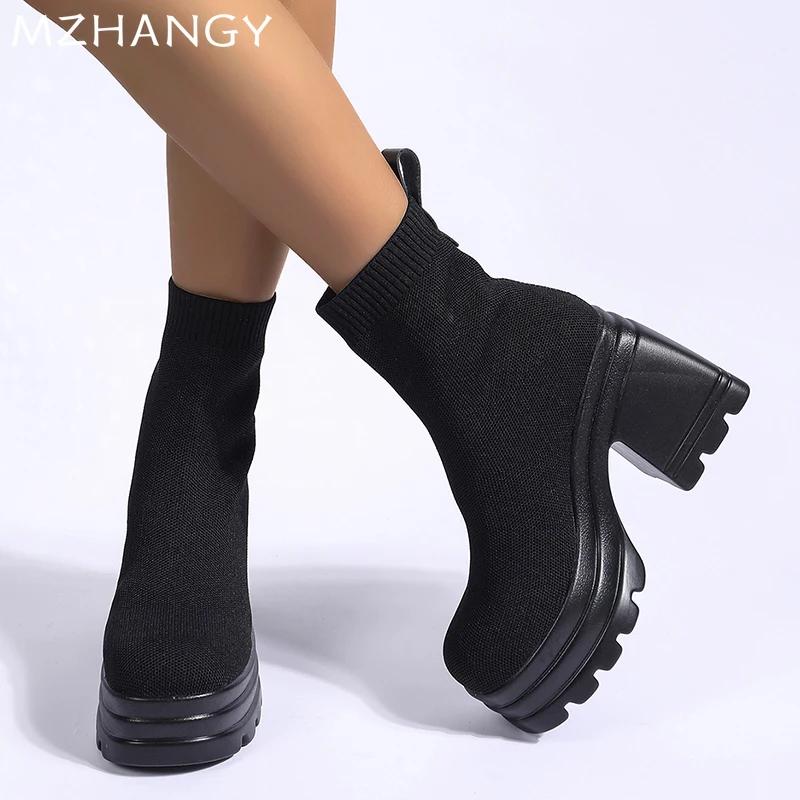 Platform Women Sock Ankle Boots High Heels Knitting Elegant Shoes Woman 2025 Trend Fashion Cozy Dress Ankle Boots Mujer Botas