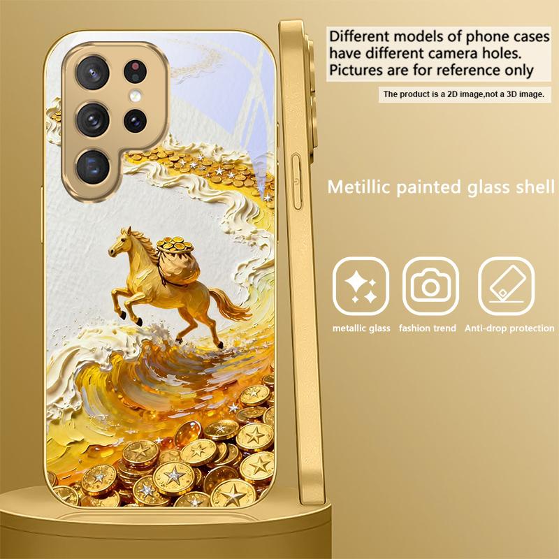 Золотая скачущая лошадь Для Samsung Galaxy S20 FE S21 S22 S23 Plus S24 Ultra S25Ultra S21+ S9+ S22Plus Золотой стеклянный чехол для телефона