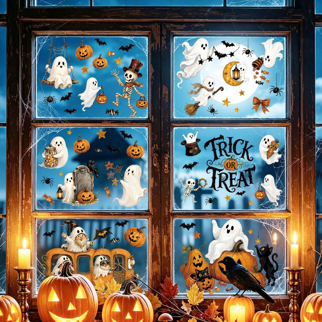 Vintage Halloween static window stickers with Ghost Skull Pumpkin Bus can be removable from the display window