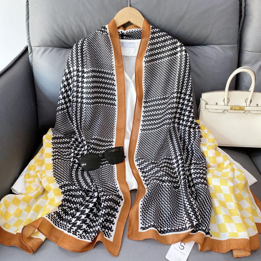 Retro Thousand Birds Grid Long Cotton and Linen Women's Summer Sun Protection Beach Towel Vacation Yarn Outside Air-conditioned Room Warm Scarf