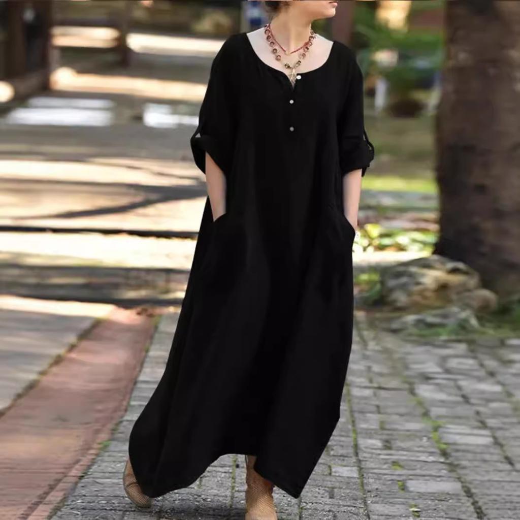 Women's Dress Casual Loose Dresses Long Sleeve V-Neck Pocket Party Plus Size Dresses