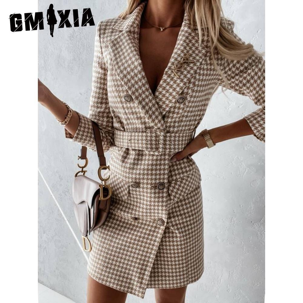 GMXIA Женская мода осень-зима клетчатый принт длинный рукав поло воротник высокая талия повседневные платья