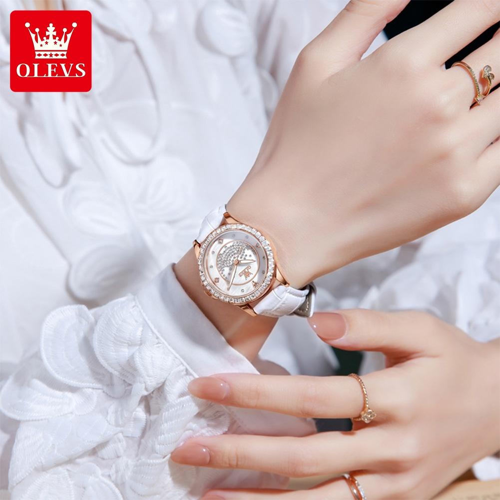 OLEVS Watches for Women Fashion Leather Strap Diamond Bezel Luxury Original Quartz Woman Watch Waterproof Women's Watches 3715