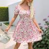 2025 Новое летнее милое романтичное платье с пышными рукавами и квадратным вырезом с цветочным принтом