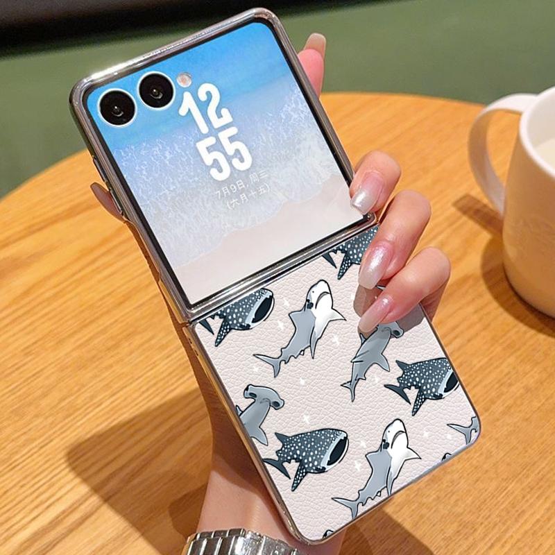 Чехол для телефона из ПУ кожи с принтом китовой акулы для Samsung Galaxy Z Flip7 FE Flip6 Flip 7 6 5 5G Серебристая рамка Жесткая задняя крышка