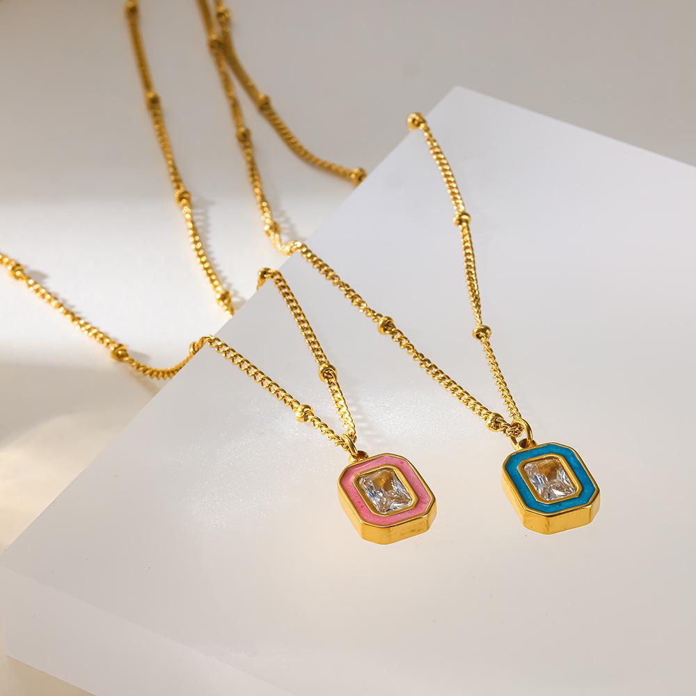 Pink Blue Enamel Square Zircon Pendant Necklaces for Women Gold Plated Stainless Steel Chic Collar Necklace Jewelry Gifts
