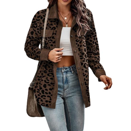 Women Spring Fall Coat Fake Chest Pocket Turn-down Collar Single-breasted Leopard Print Long Sleeves Mid Length Daily Wear Jacket