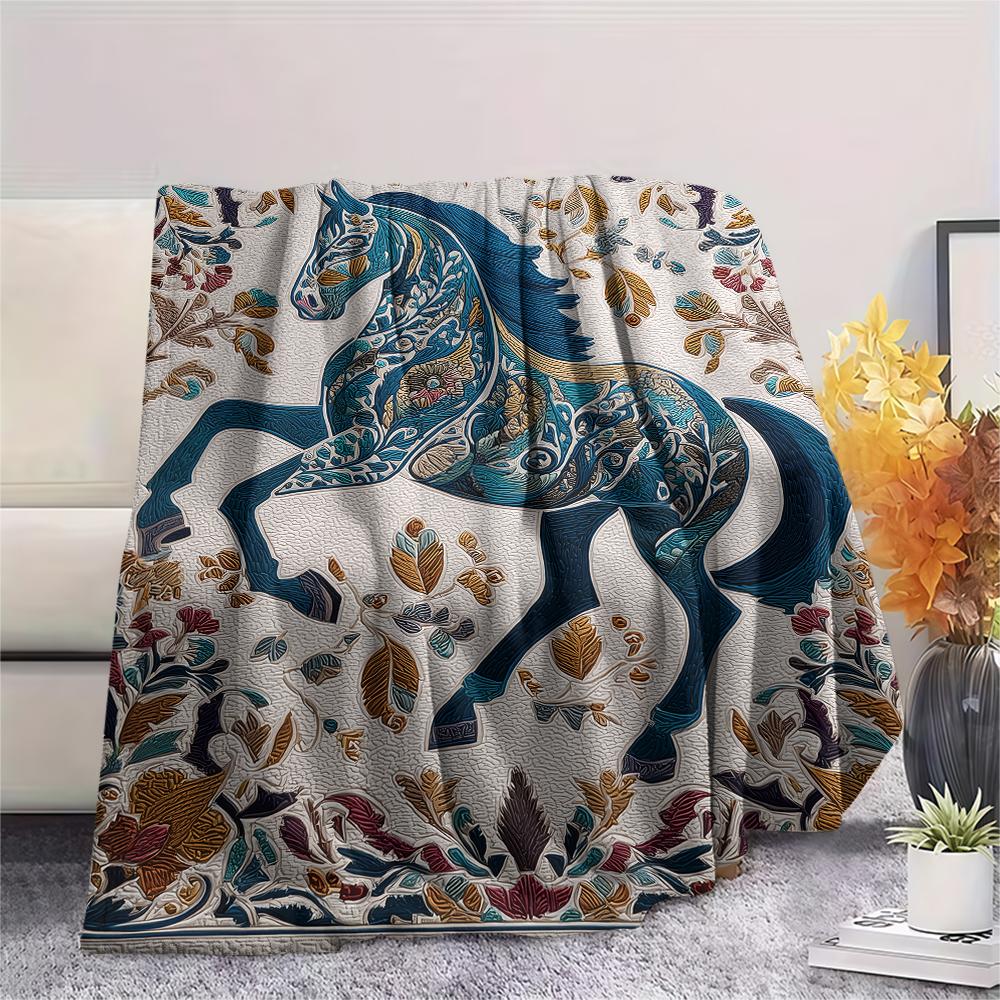 Flower Horse Print Flannel Blanket, High quality Comfortable for All Seasons, Home Decor, Warmth and Comfort, Perfect for Christmas Gifts