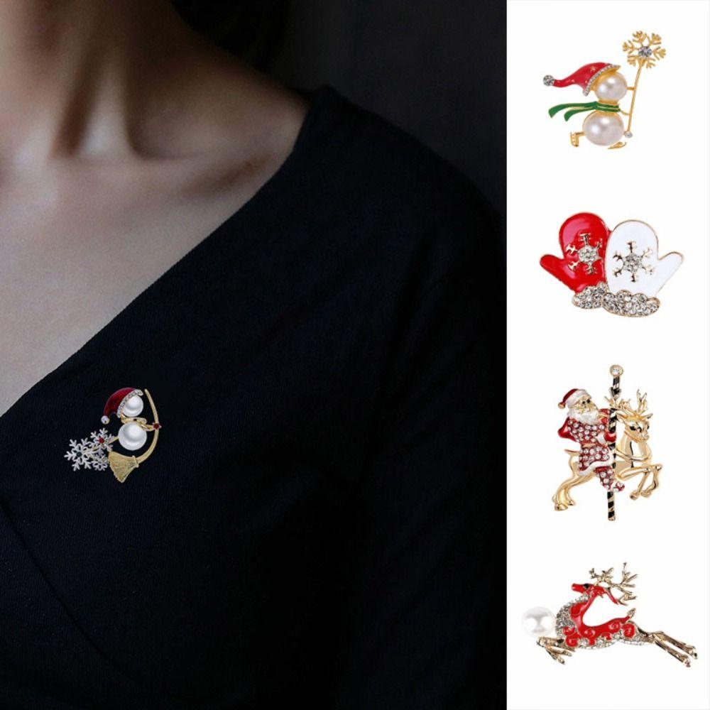 Pearl Christmas Snowman Brooch Santa Claus Sweater Scarf Badge Cute Red Xmas Brooch New Year Gift