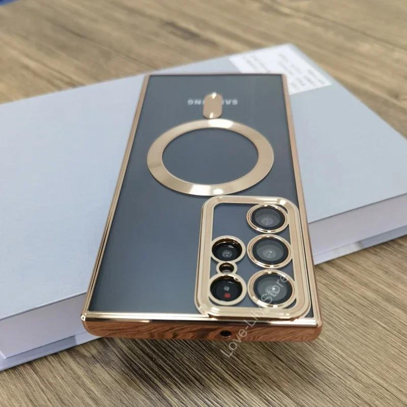 Plating Transparent For Magsafe Case For Samsung Galaxy S25 S24 S23 S22 S21 Ultra Plus S 25 24 23Ultra Mag Safe Glass Lens Cover