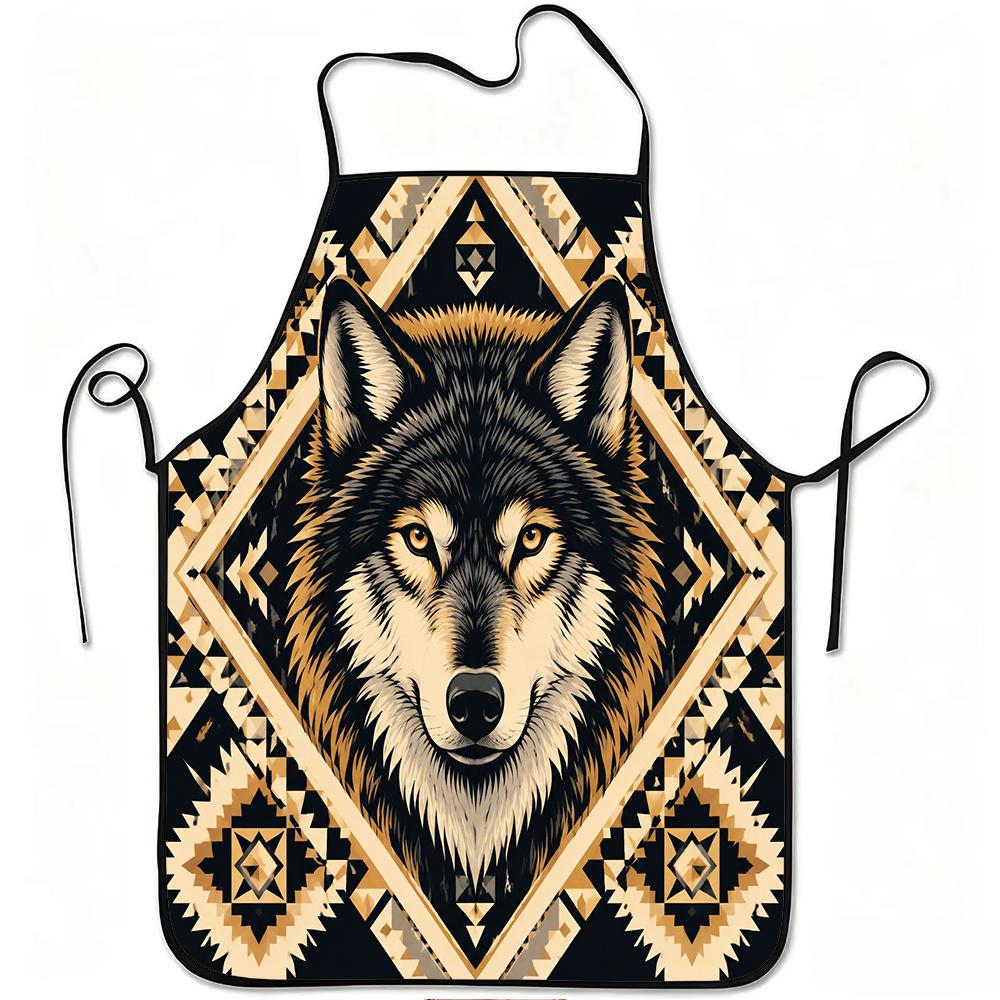 1pc Geometric Wolf Print Apron, Durable And Easy to Clean, Adjustable Waistband, Polyester Material, for Kitchen Cooking, Gardening, Orchard Picking,